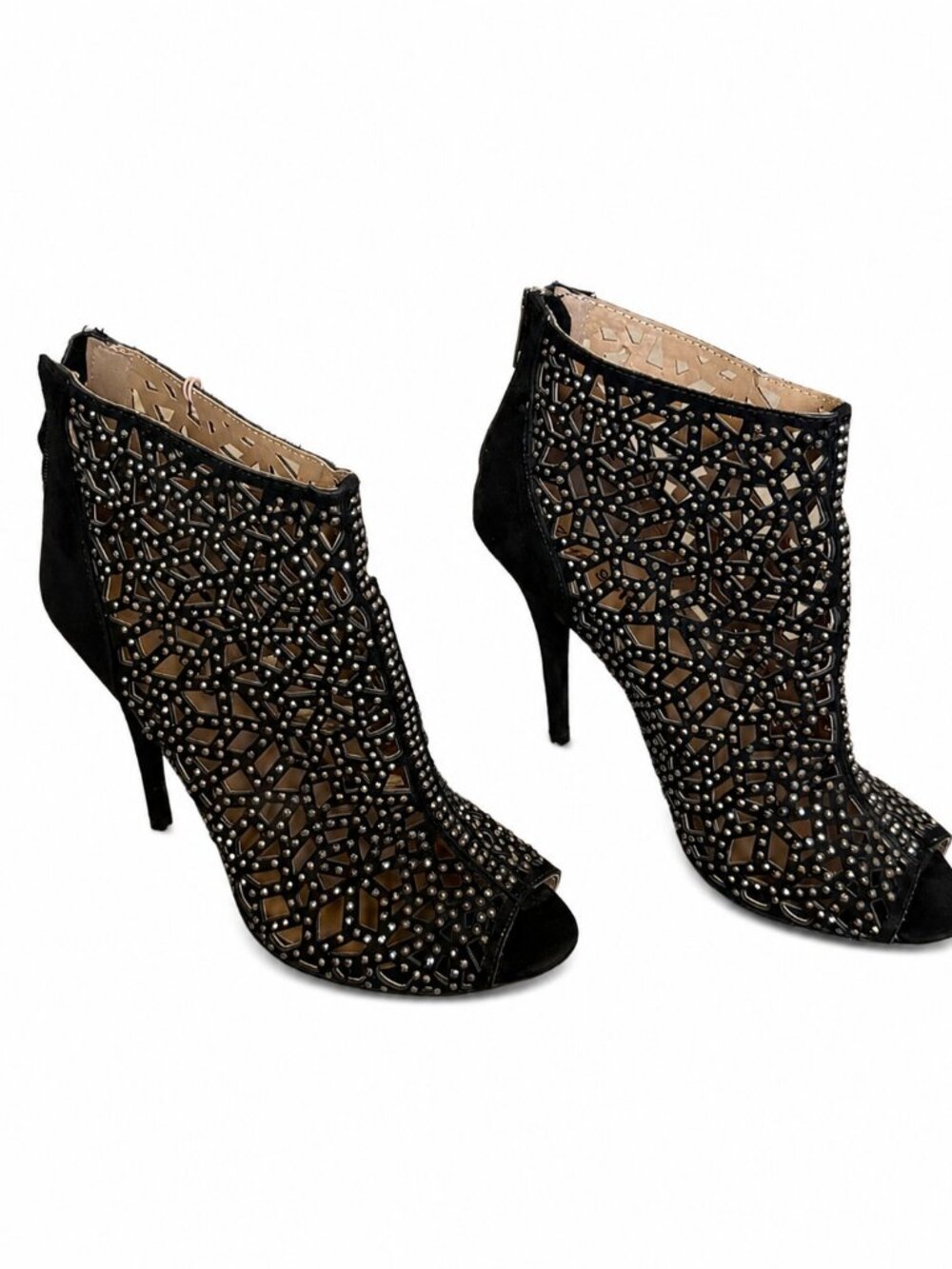 Zigi Soho Black Embellished Peep Toe Bootie Heels Size 7.5